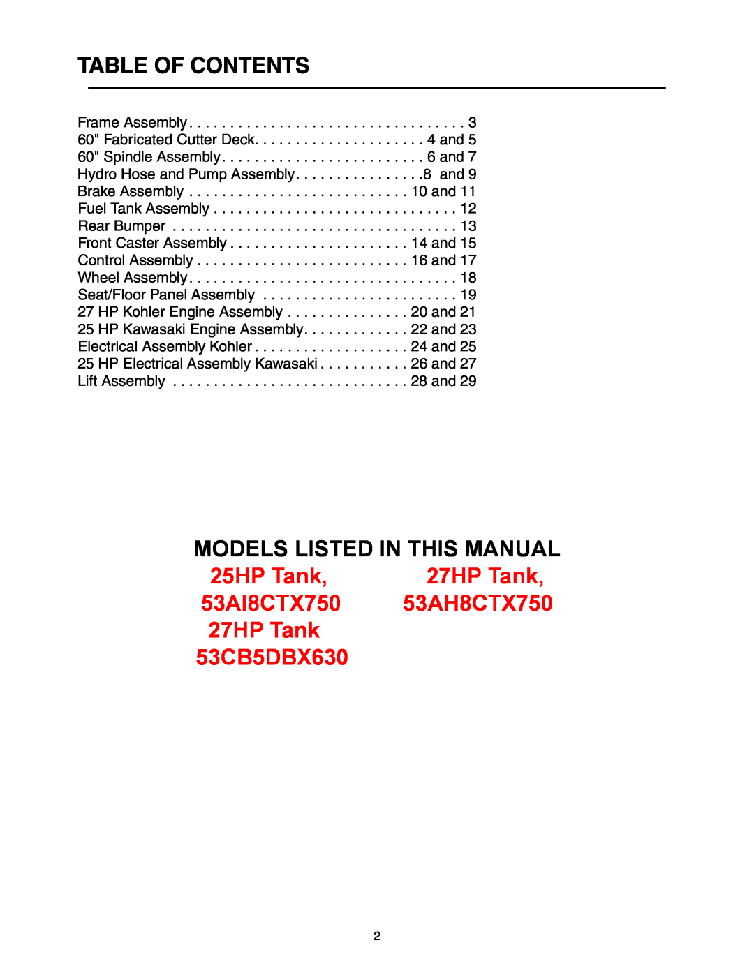 Cub Cadet 53AI8CTX750, 53CB5DBX630, 53AH8CTX750 manual Table Of Contents, Models Listed In This Manual, 25HP Tank, 27HP Tank 