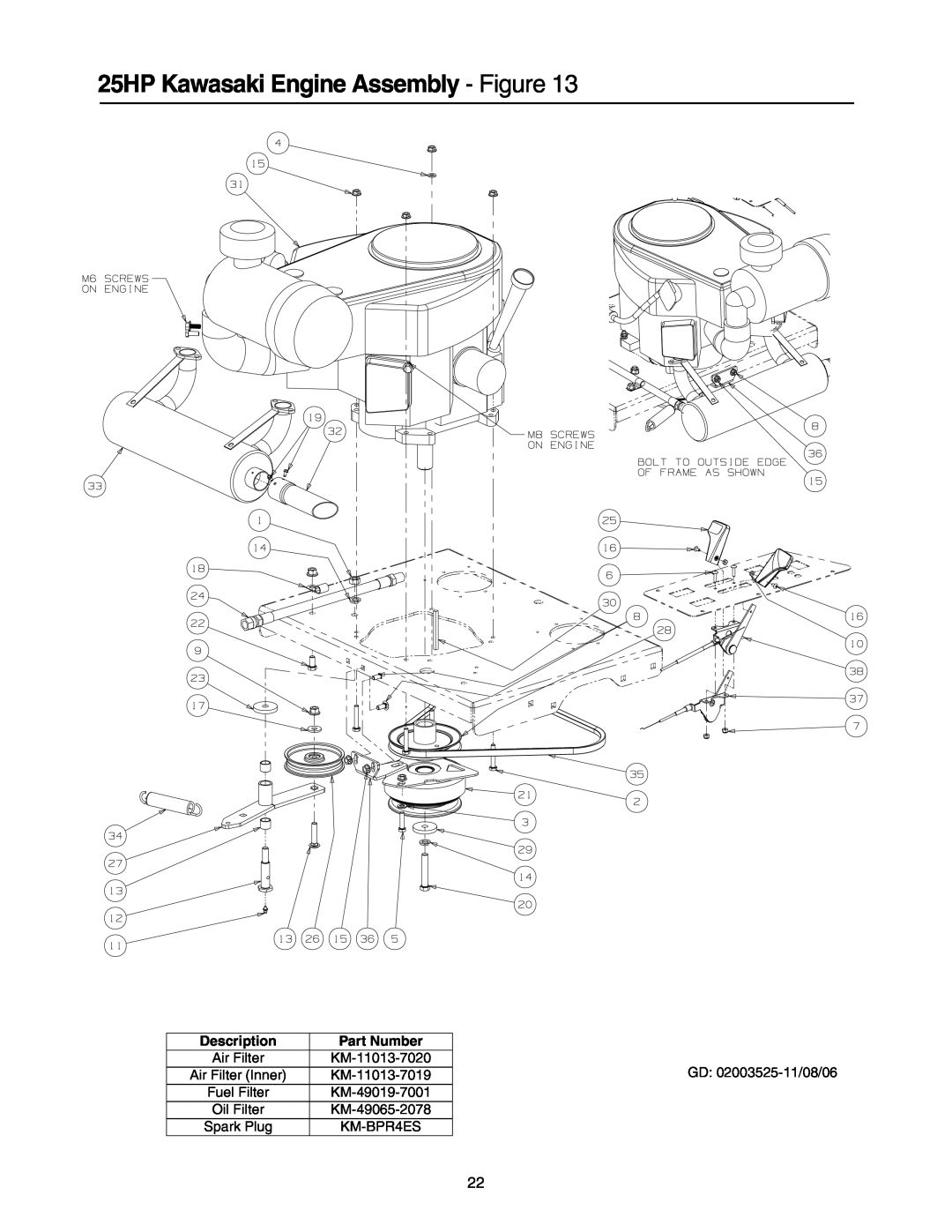 Cub Cadet 53AH8CTX750 25HP Kawasaki Engine Assembly - Figure, Description, Part Number, Air Filter Inner, Fuel Filter 