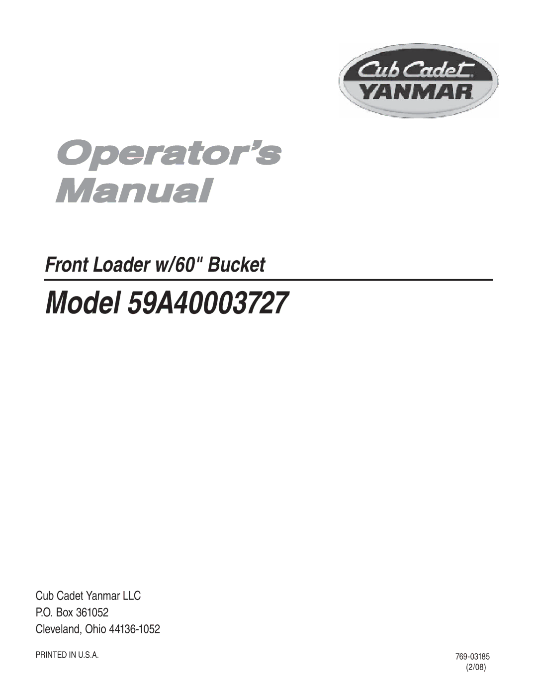 Cub Cadet 59A40003727 manual Operator’s Manual, 769-03185 