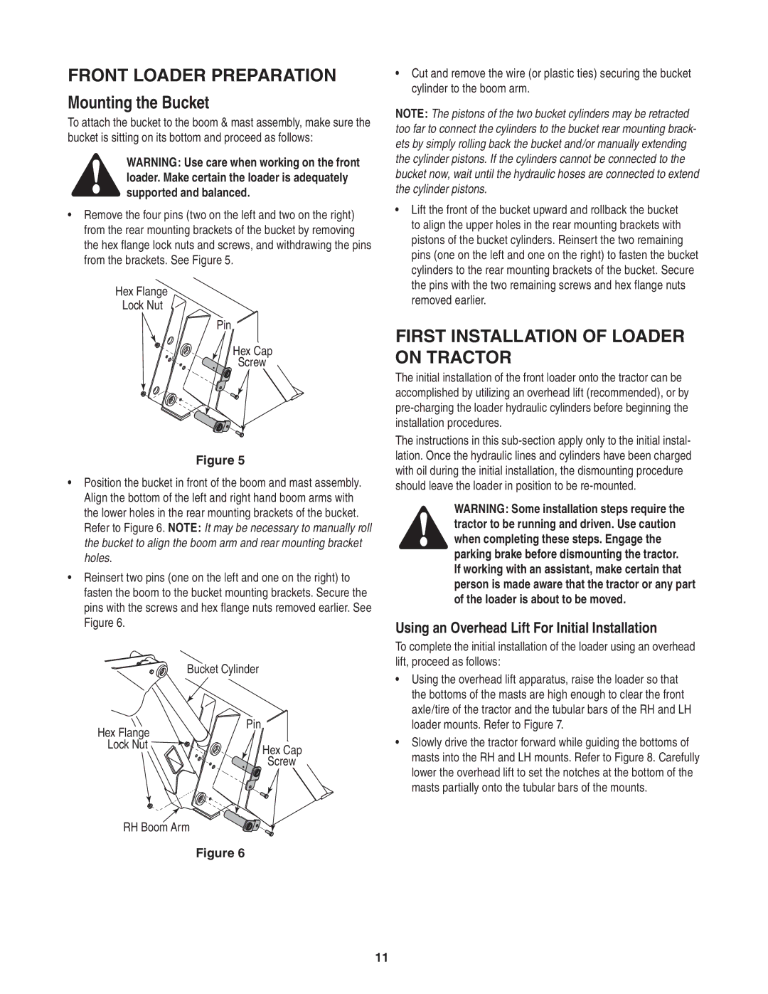 Cub Cadet 59A40003727 manual Front Loader Preparation Mounting the Bucket, First installation of Loader on Tractor 