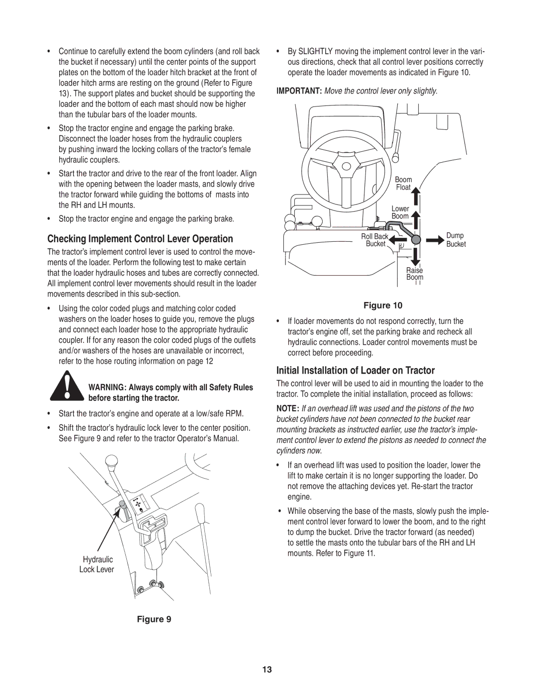 Cub Cadet 59A40003727 manual Checking Implement Control Lever Operation, Initial Installation of Loader on Tractor 