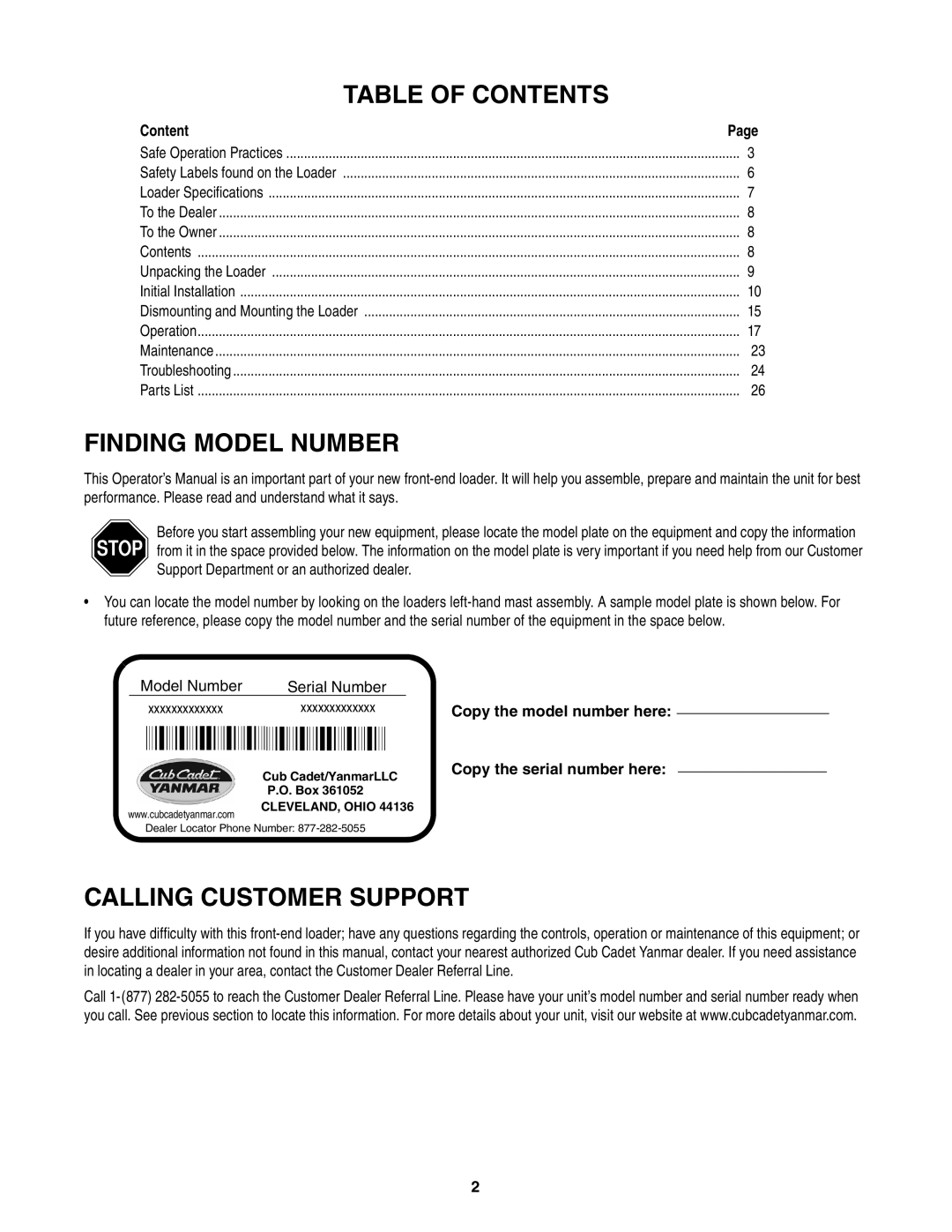 Cub Cadet 59A40003727 manual Table of Contents, Finding Model Number, Calling Customer Support 