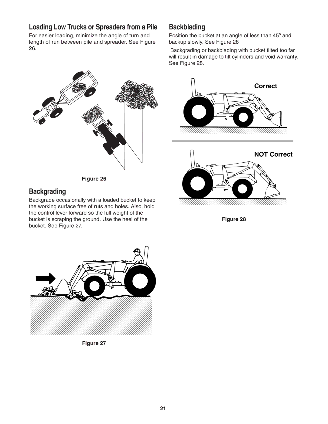 Cub Cadet 59A40003727 manual Backblading, Backgrading, Loading Low Trucks or Spreaders from a Pile 