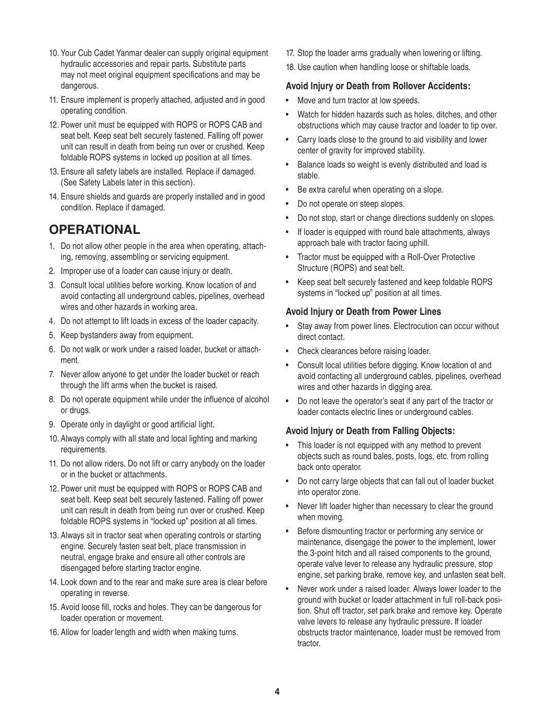 Cub Cadet 59A40003727 manual Improper use of a loader can cause injury or death, Move and turn tractor at low speeds 