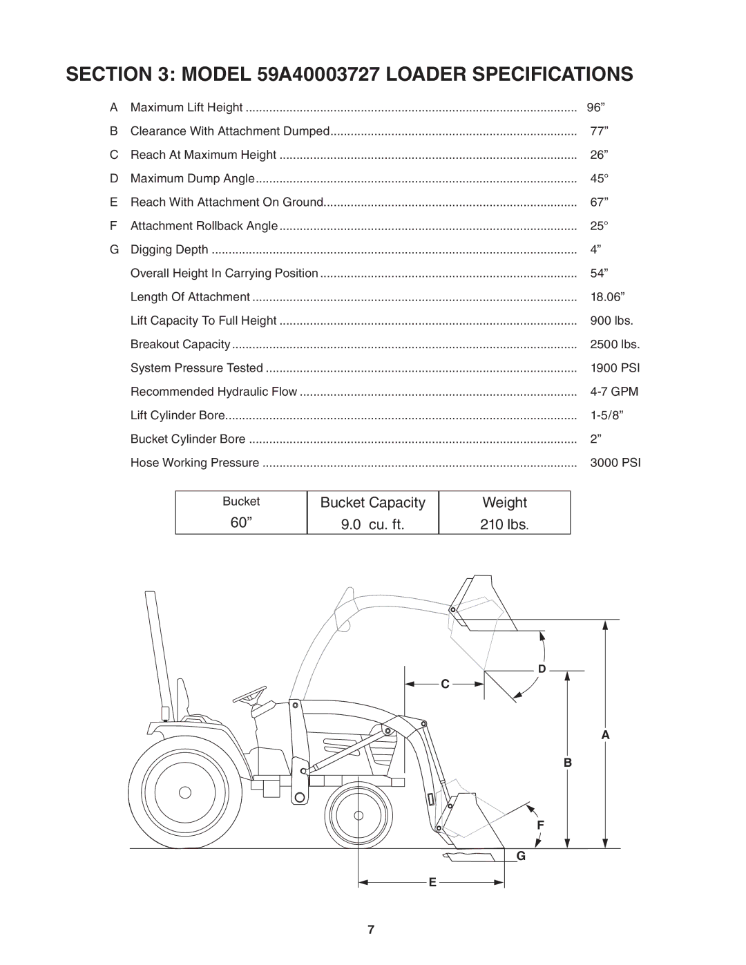 Cub Cadet manual Model 59A40003727 loader specifications 