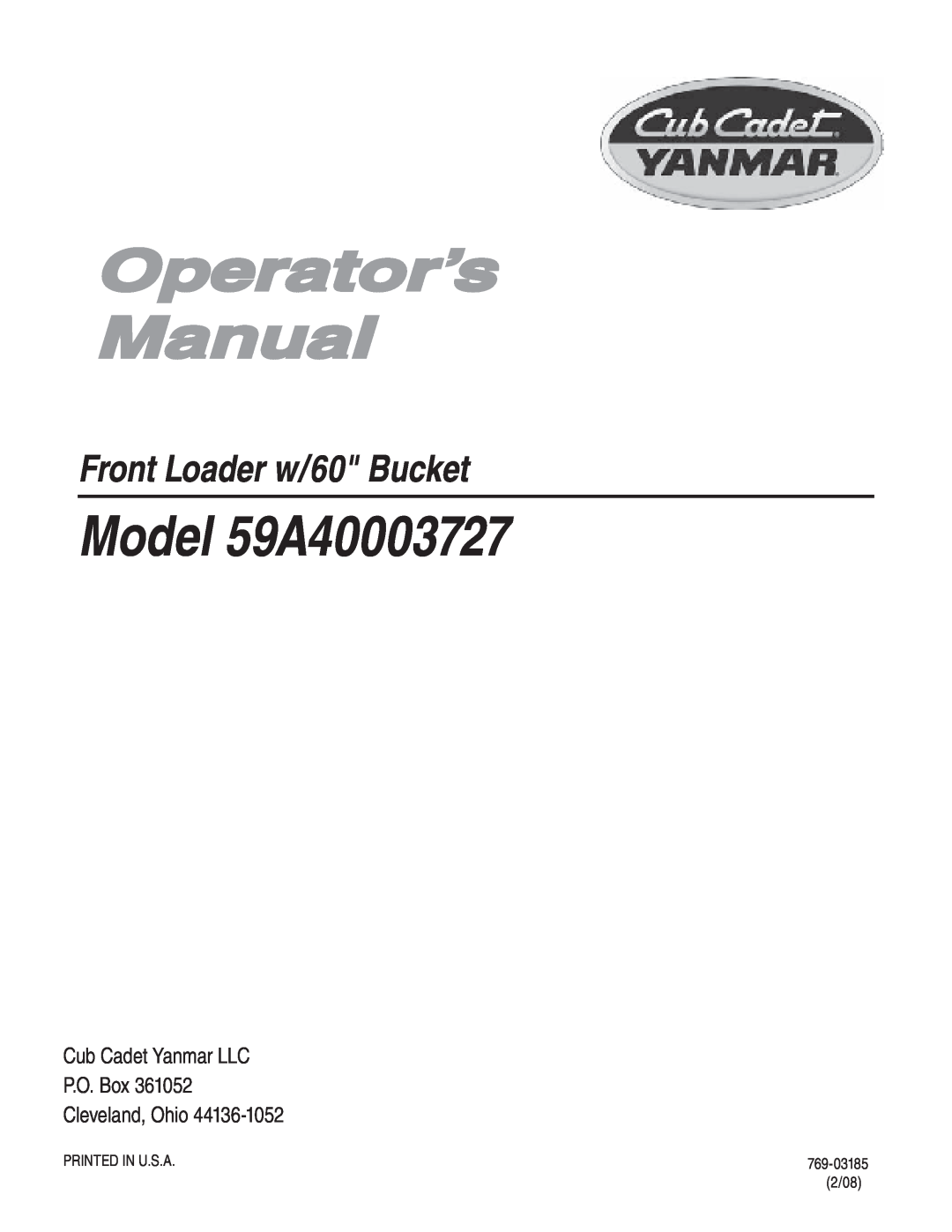 Cub Cadet manual Operator’s Manual, Model 59A40003727, Front Loader w/60 Bucket 