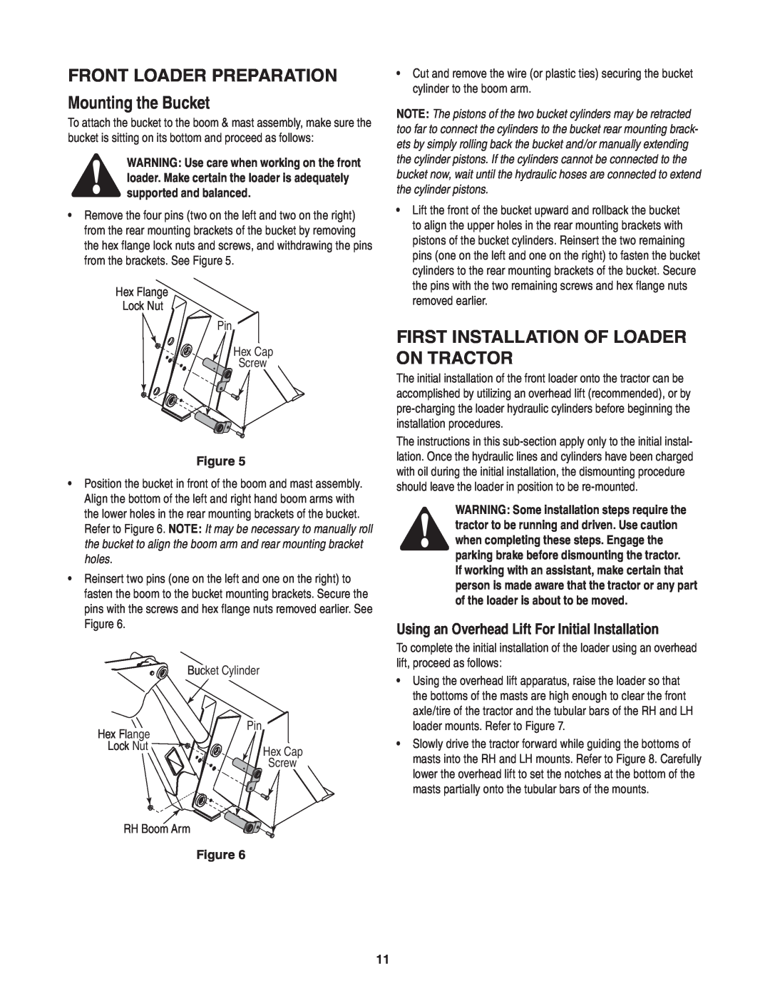 Cub Cadet 59A40003727 manual Front Loader Preparation Mounting the Bucket, first installation of Loader on Tractor 