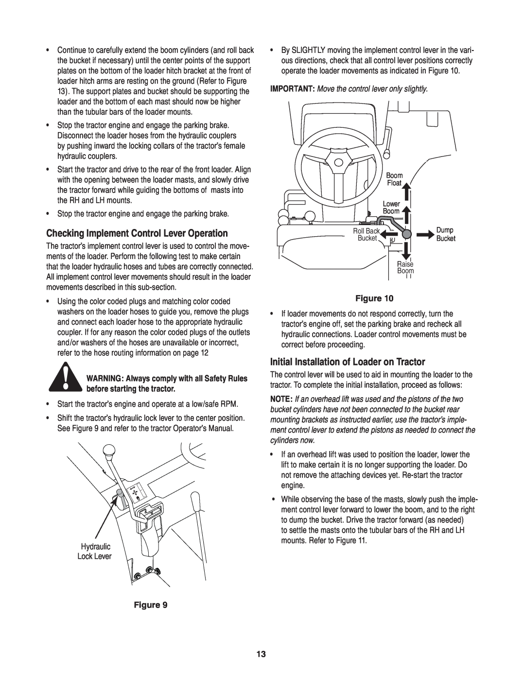 Cub Cadet 59A40003727 manual Checking Implement Control Lever Operation, Initial Installation of Loader on Tractor 