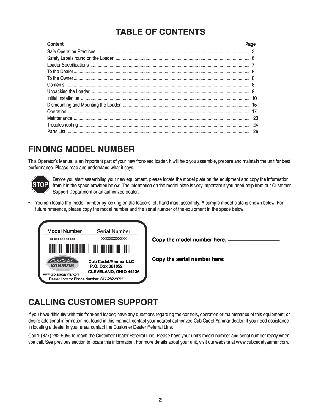 Cub Cadet 59A40003727 manual Table of Contents, Finding Model Number, Calling Customer Support 