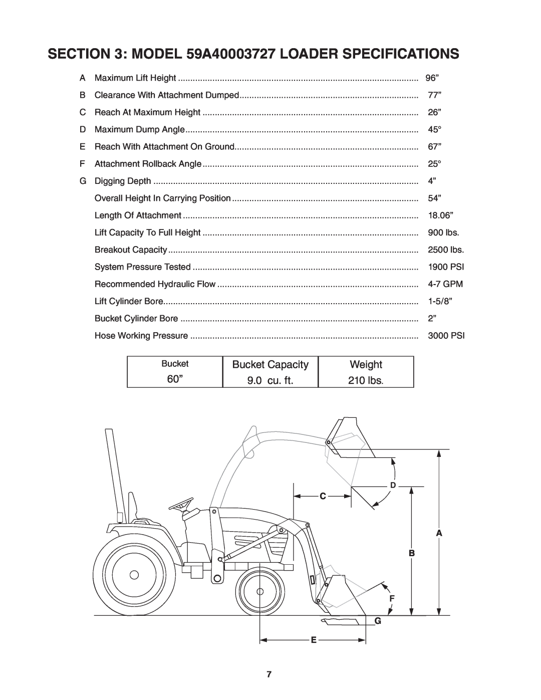 Cub Cadet manual model 59A40003727 loader specifications, Bucket Capacity, 9.0 cu. ft, Weight, 210 lbs 