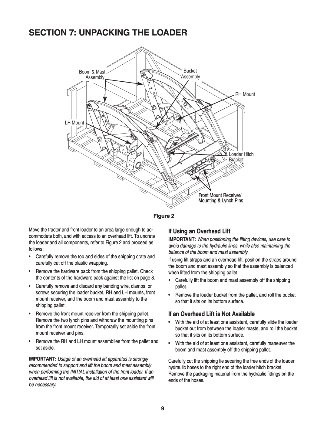 Cub Cadet 59A40003727 manual unpacking the loader, If Using an Overhead Lift, If an Overhead Lift is Not Available 