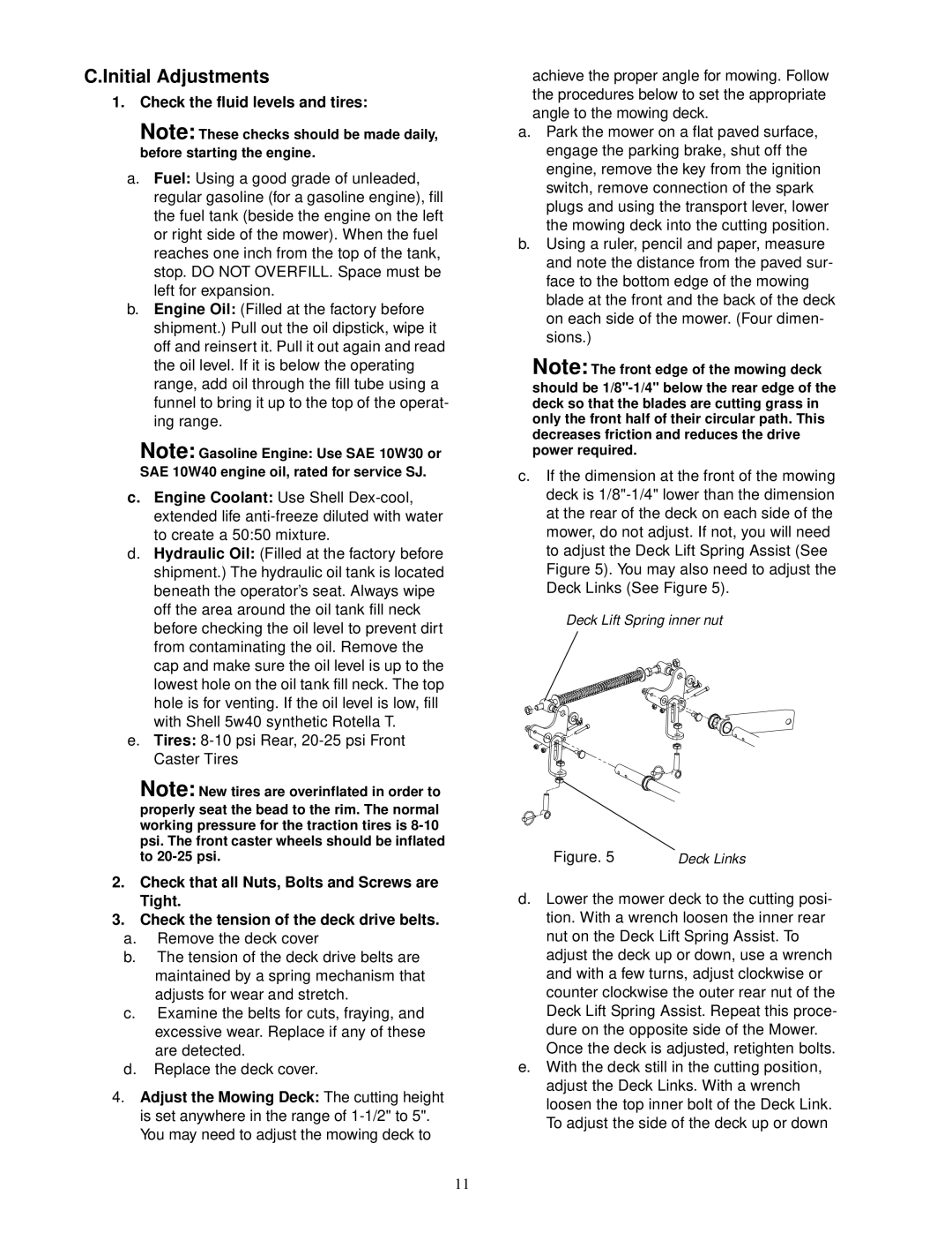 Cub Cadet 60-inch & 72-inch Fabricated Deck service manual Initial Adjustments, Check the fluid levels and tires 