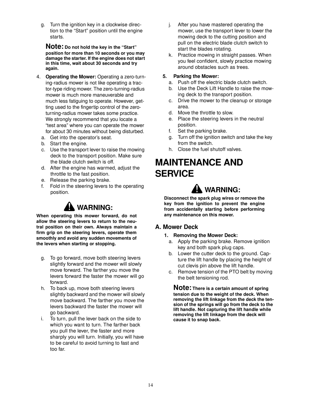 Cub Cadet 60-inch & 72-inch Fabricated Deck Maintenance Service, Parking the Mower, Removing the Mower Deck 