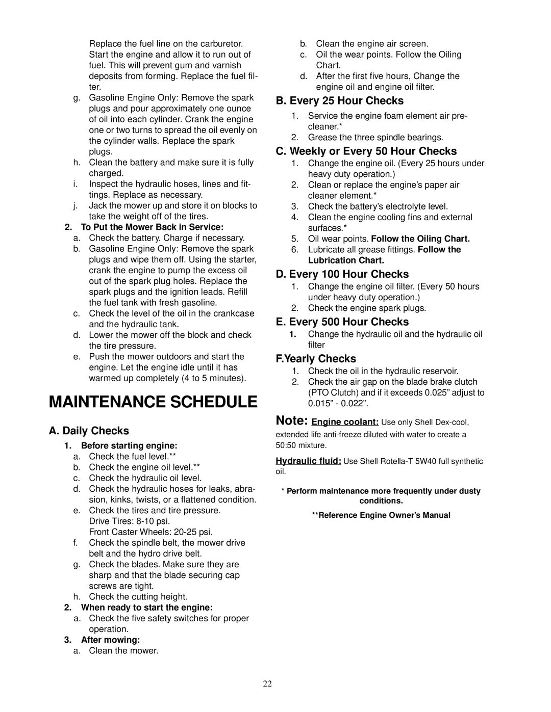 Cub Cadet 60-inch & 72-inch Fabricated Deck service manual Maintenance Schedule 