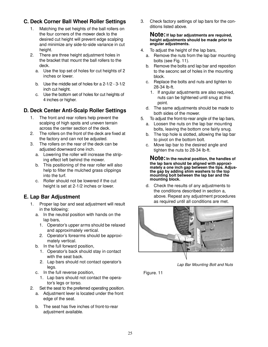 Cub Cadet 60-inch & 72-inch Fabricated Deck Deck Corner Ball Wheel Roller Settings, Deck Center Anti-Scalp Roller Settings 