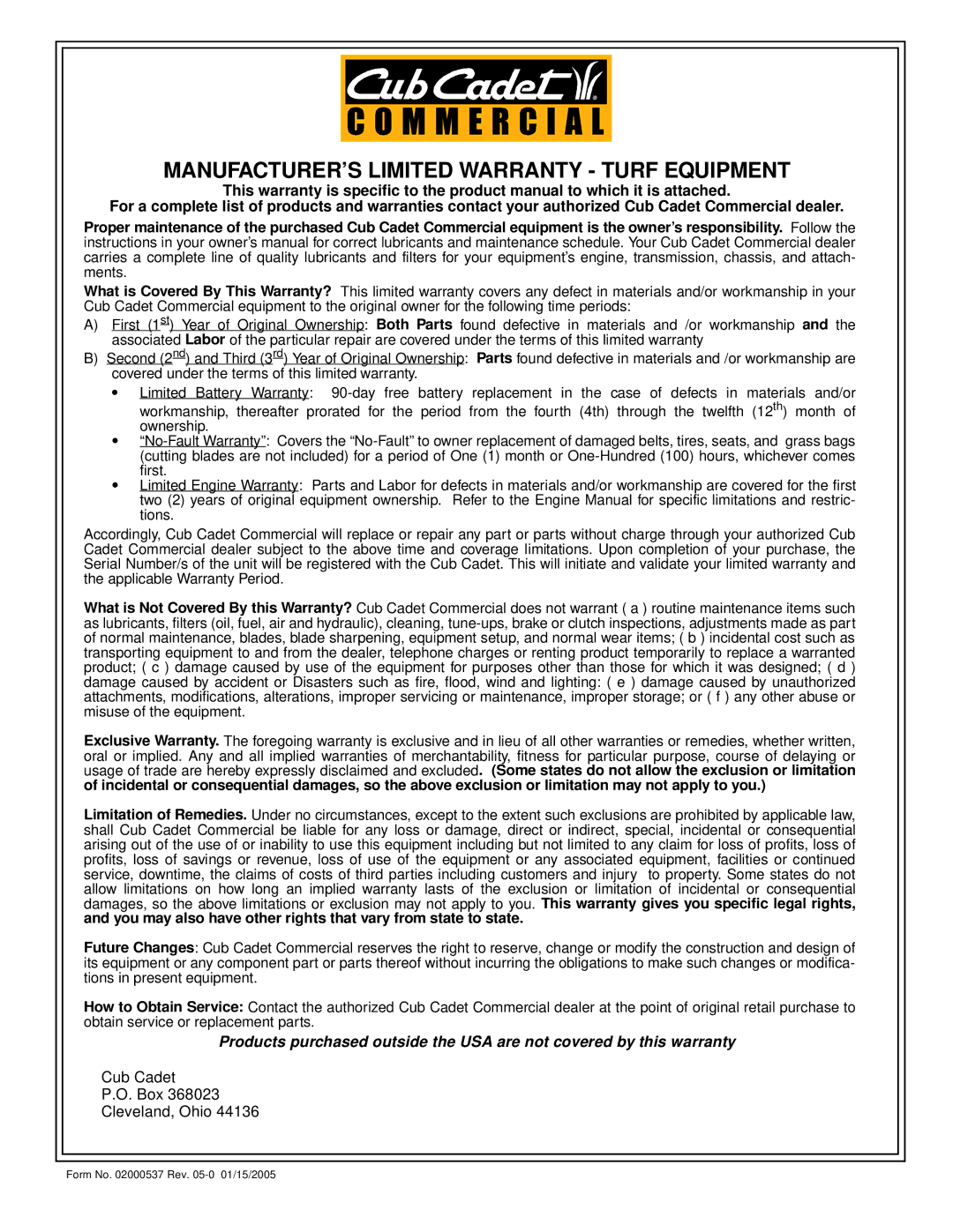 Cub Cadet 60-inch & 72-inch Fabricated Deck service manual MANUFACTURER’S Limited Warranty Turf Equipment 