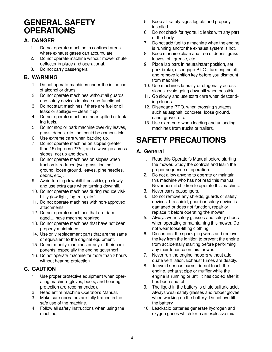 Cub Cadet 60-inch & 72-inch Fabricated Deck service manual General Safety Operations, Safety Precautions 