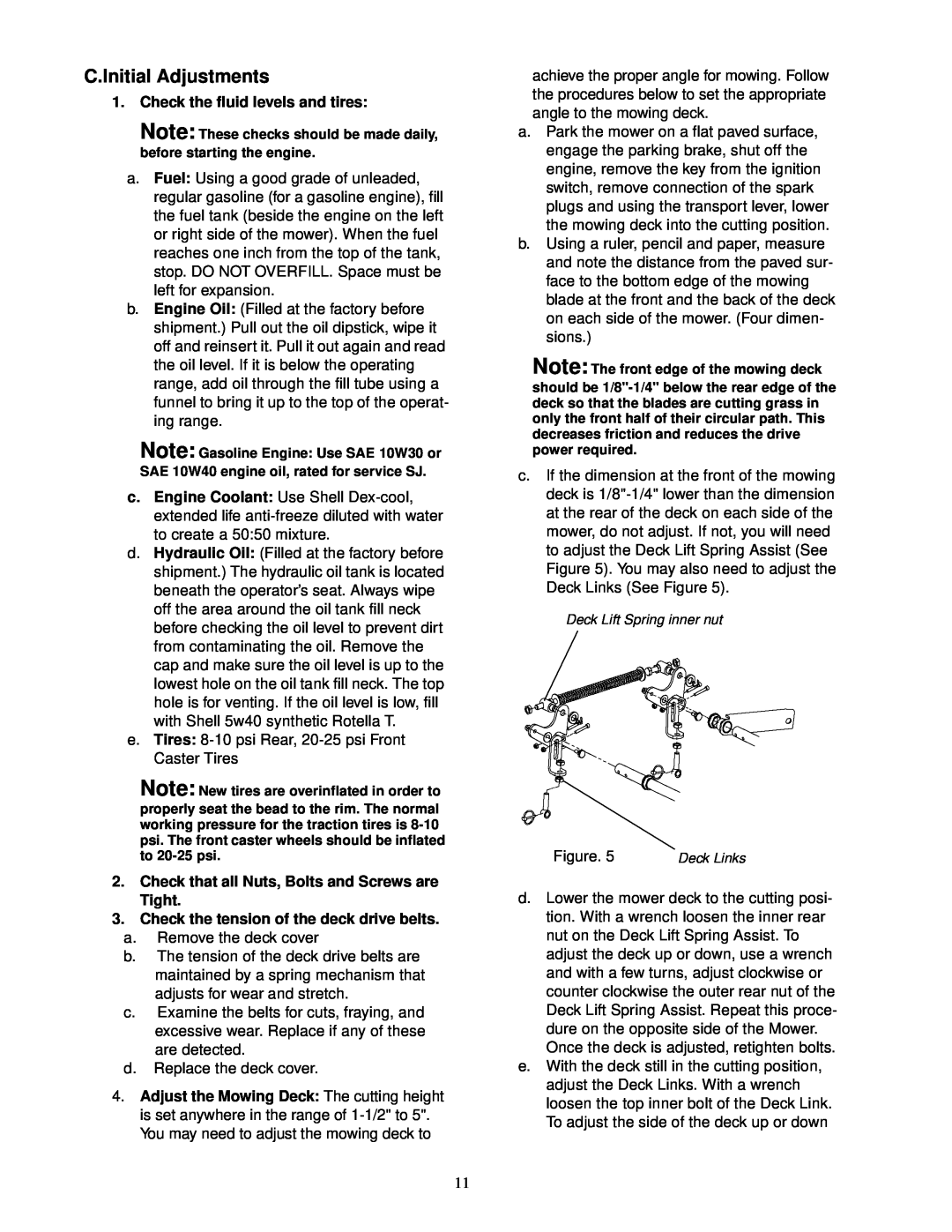 Cub Cadet 60-inch & 72-inch Fabricated Deck service manual C.Initial Adjustments, Check the fluid levels and tires 