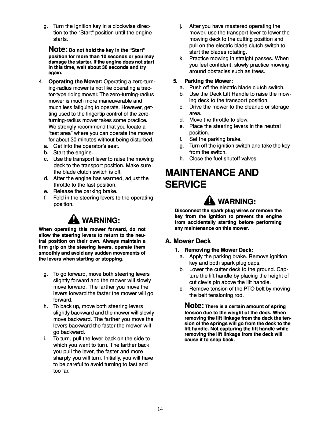 Cub Cadet 60-inch & 72-inch Fabricated Deck service manual Maintenance And Service, A. Mower Deck, Parking the Mower 