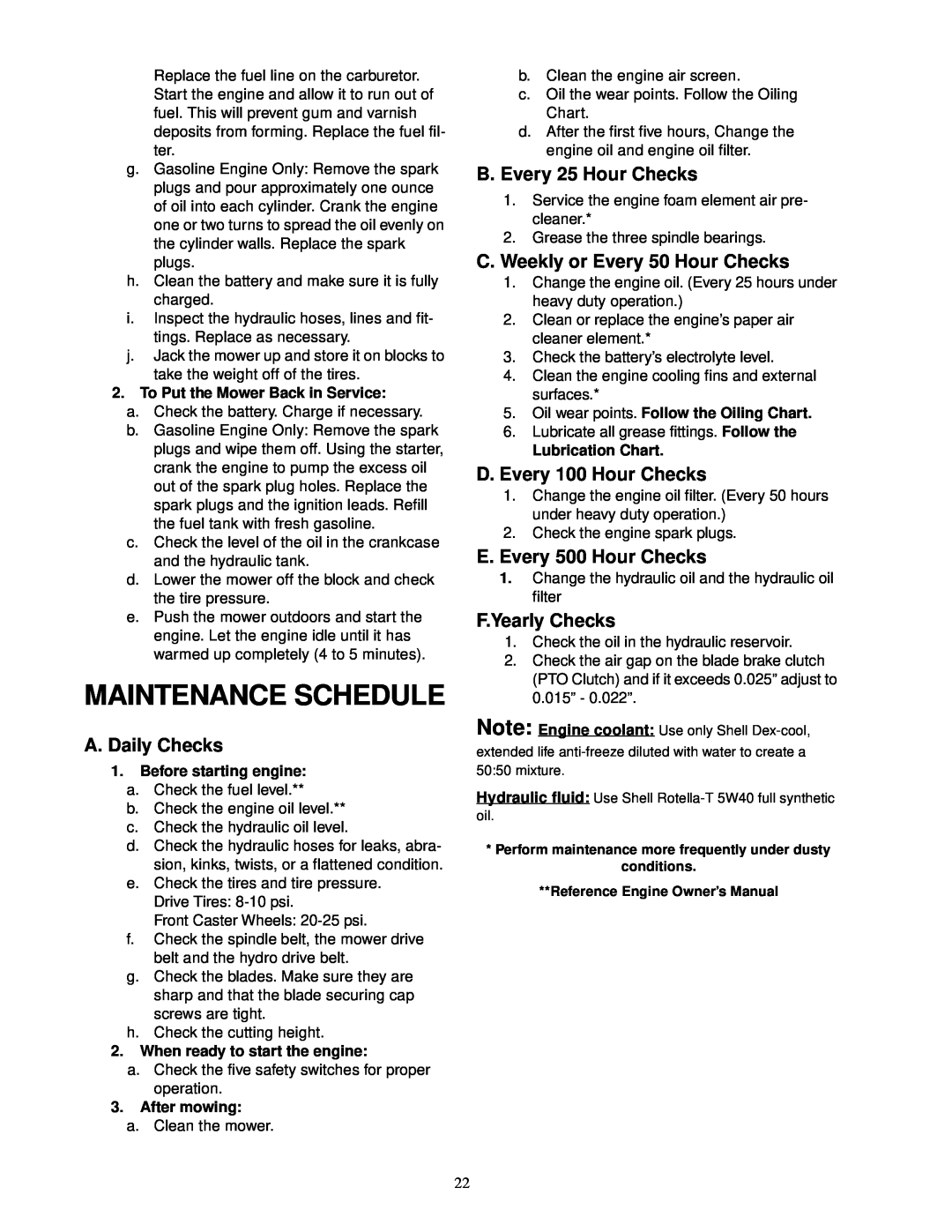Cub Cadet 60-inch & 72-inch Fabricated Deck Maintenance Schedule, To Put the Mower Back in Service, Before starting engine 