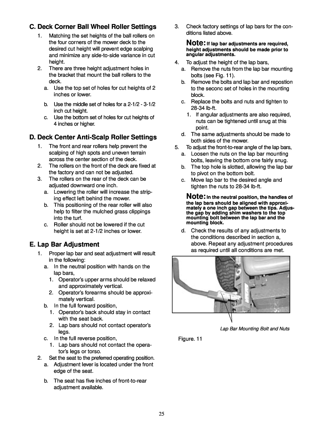 Cub Cadet 60-inch & 72-inch Fabricated Deck service manual C. Deck Corner Ball Wheel Roller Settings, E. Lap Bar Adjustment 