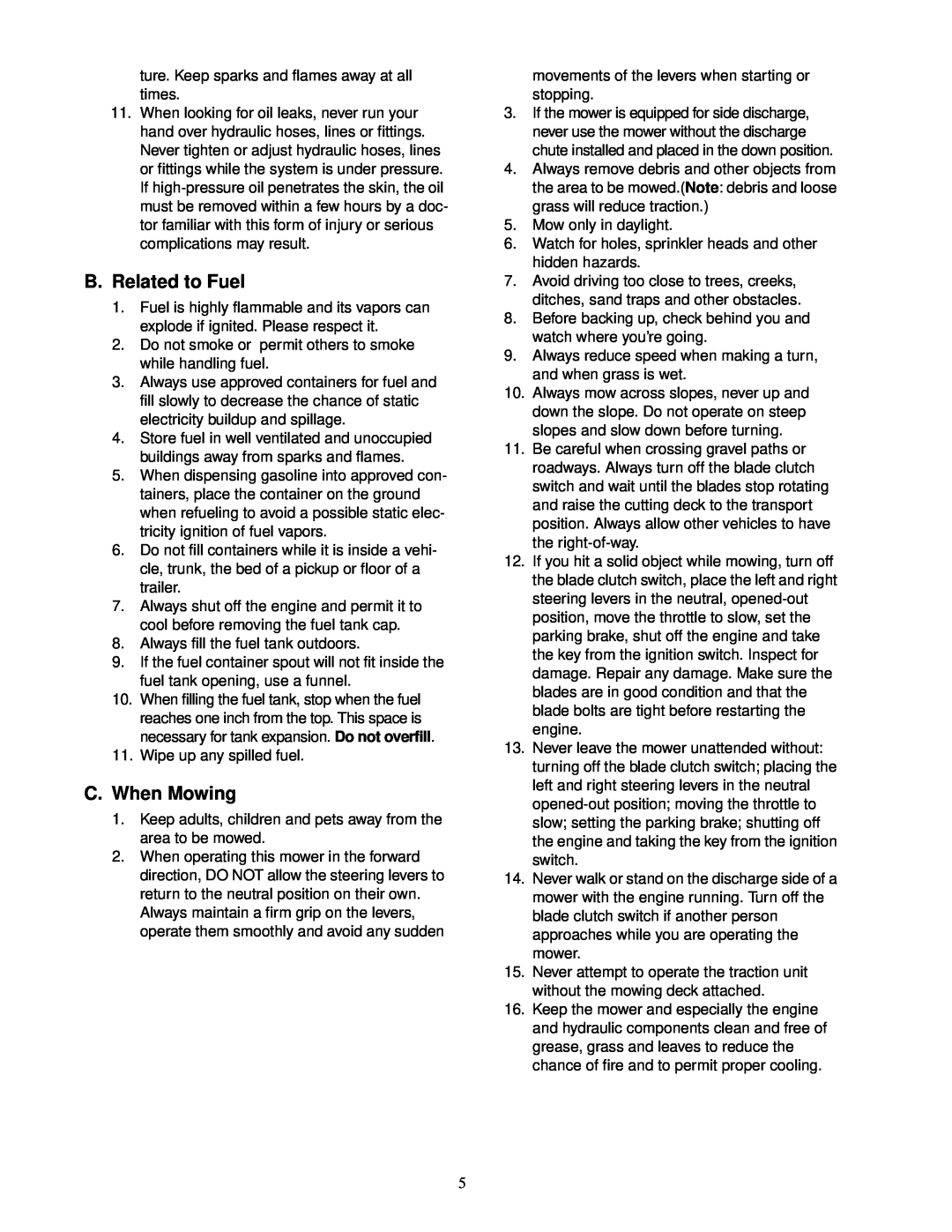 Cub Cadet 60-inch & 72-inch Fabricated Deck service manual B. Related to Fuel, C. When Mowing 