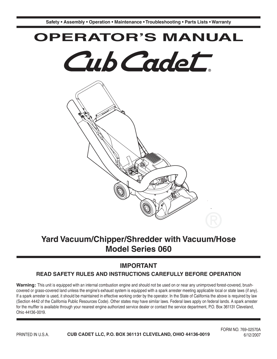 Cub Cadet 60 warranty Yard Vacuum/Chipper/Shredder with Vacuum/Hose Model Series, 12/2007 