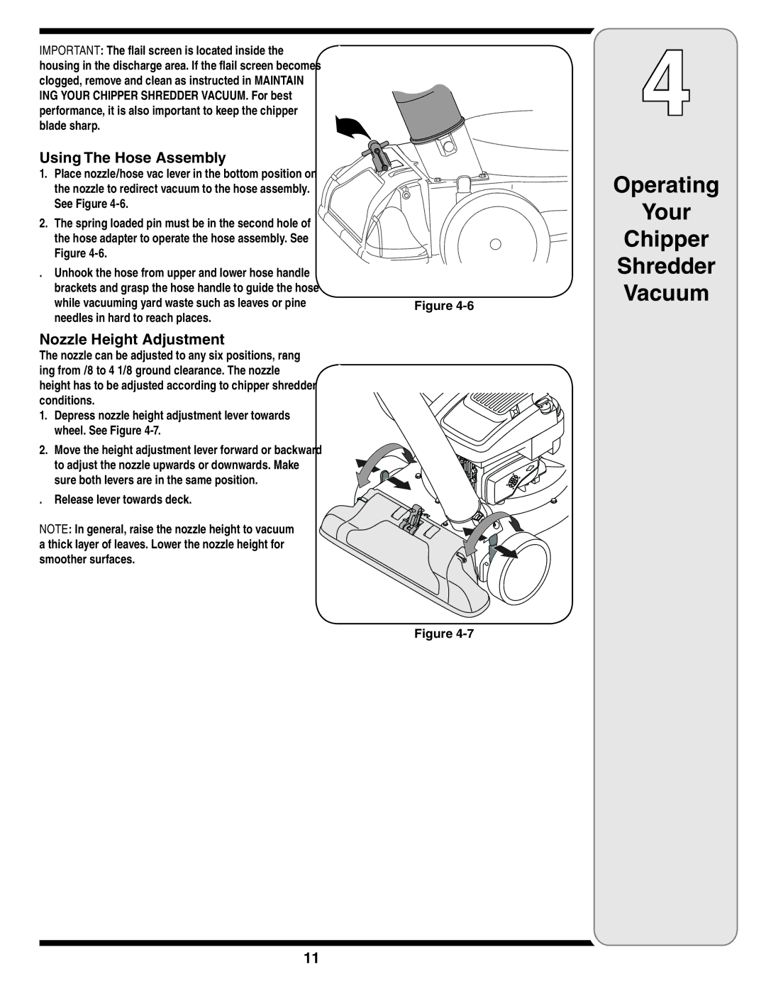 Cub Cadet 60 warranty Using The Hose Assembly, Nozzle Height Adjustment, Release lever towards deck 