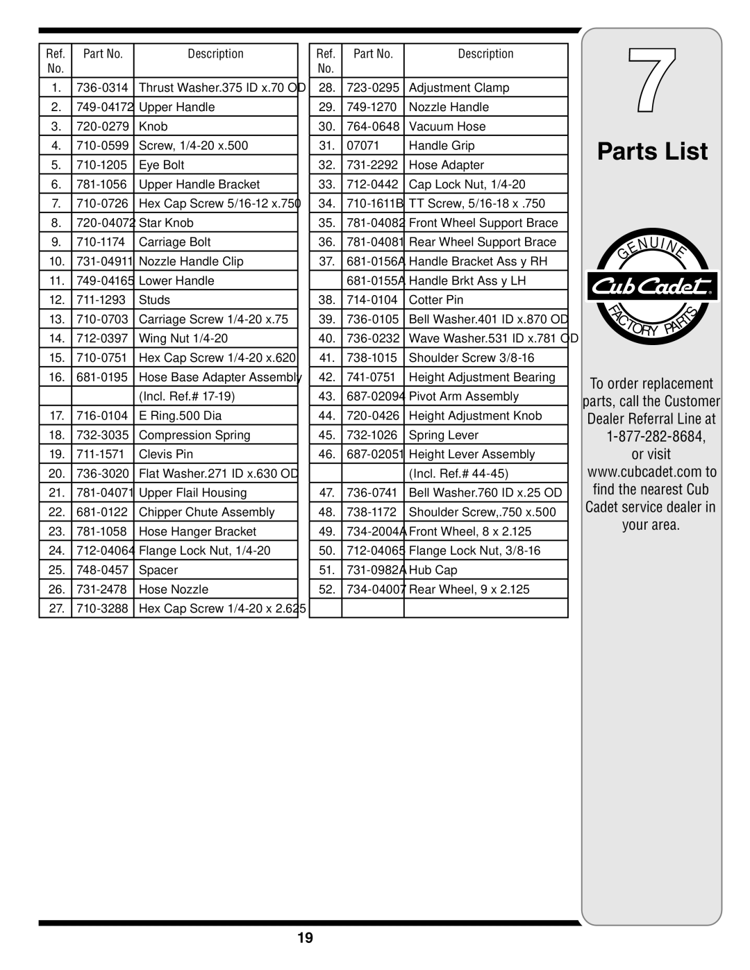 Cub Cadet 60 warranty To order replacement, Or visit, Description, 736-0314, Incl. Ref.# 