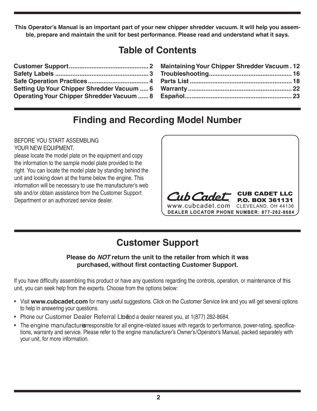 Cub Cadet 60 warranty Table of Contents, Finding and Recording Model Number, Customer Support 