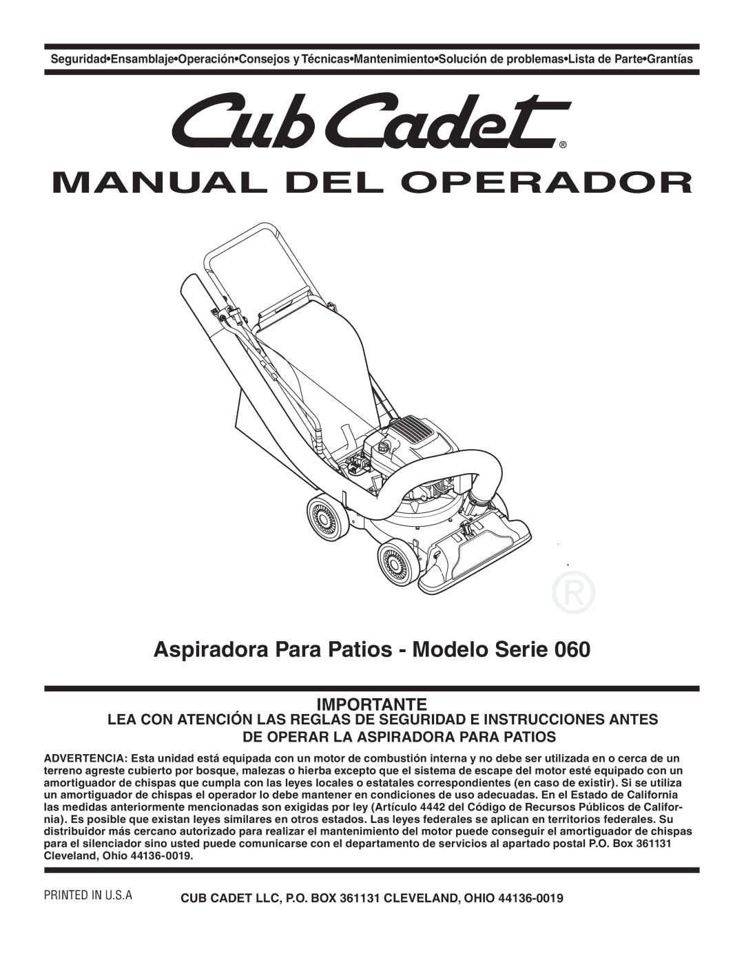 Cub Cadet 60 warranty Manual DEL Operador, Aspiradora Para Patios Modelo Serie 