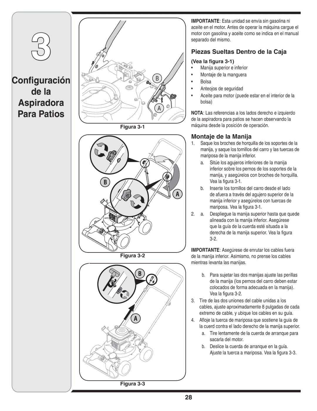 Cub Cadet 60 warranty Configuración De la Aspiradora Para Patios, Piezas Sueltas Dentro de la Caja, Montaje de la Manija 