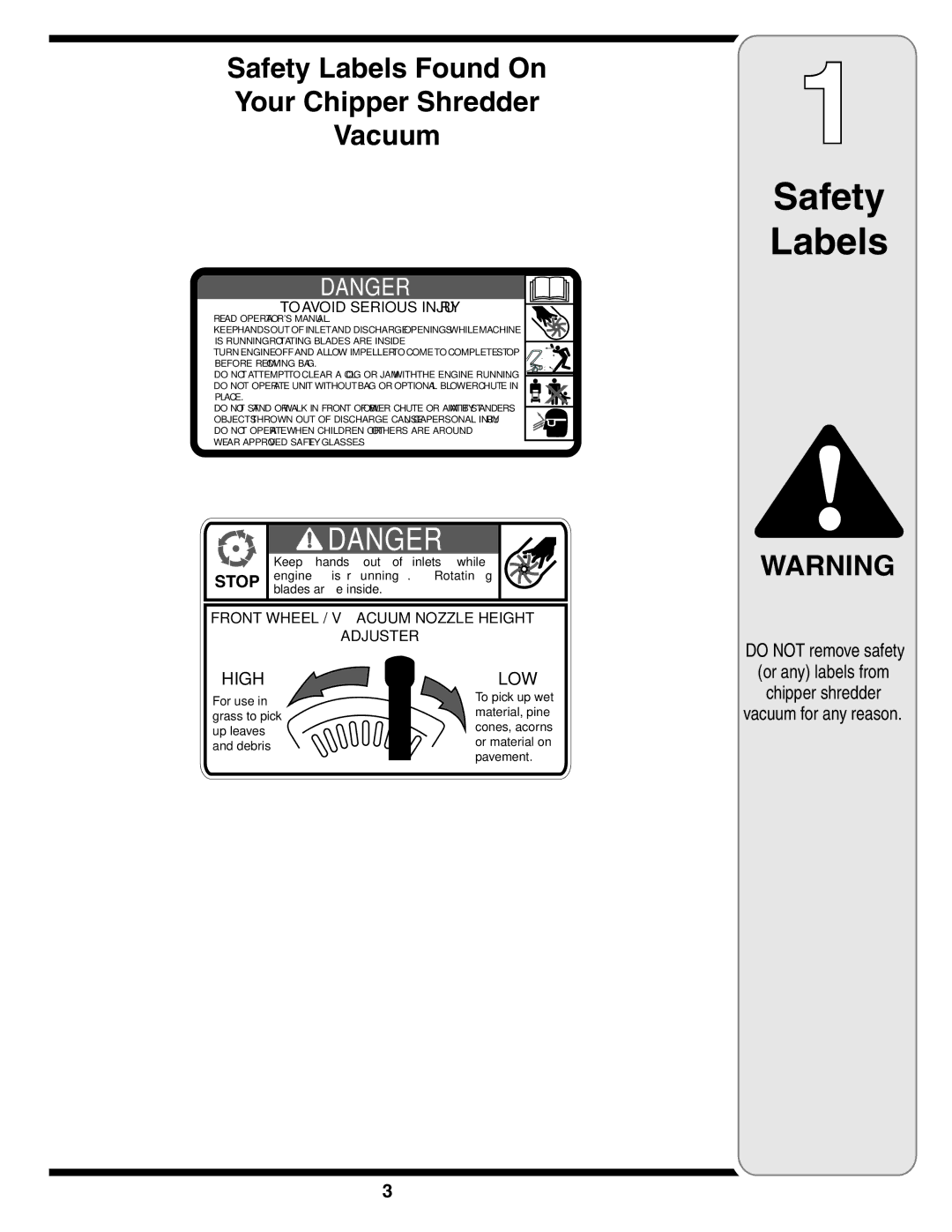 Cub Cadet 60 warranty Safety Labels Found On Your Chipper Shredder Vacuum, To Avoid Serious Injury 