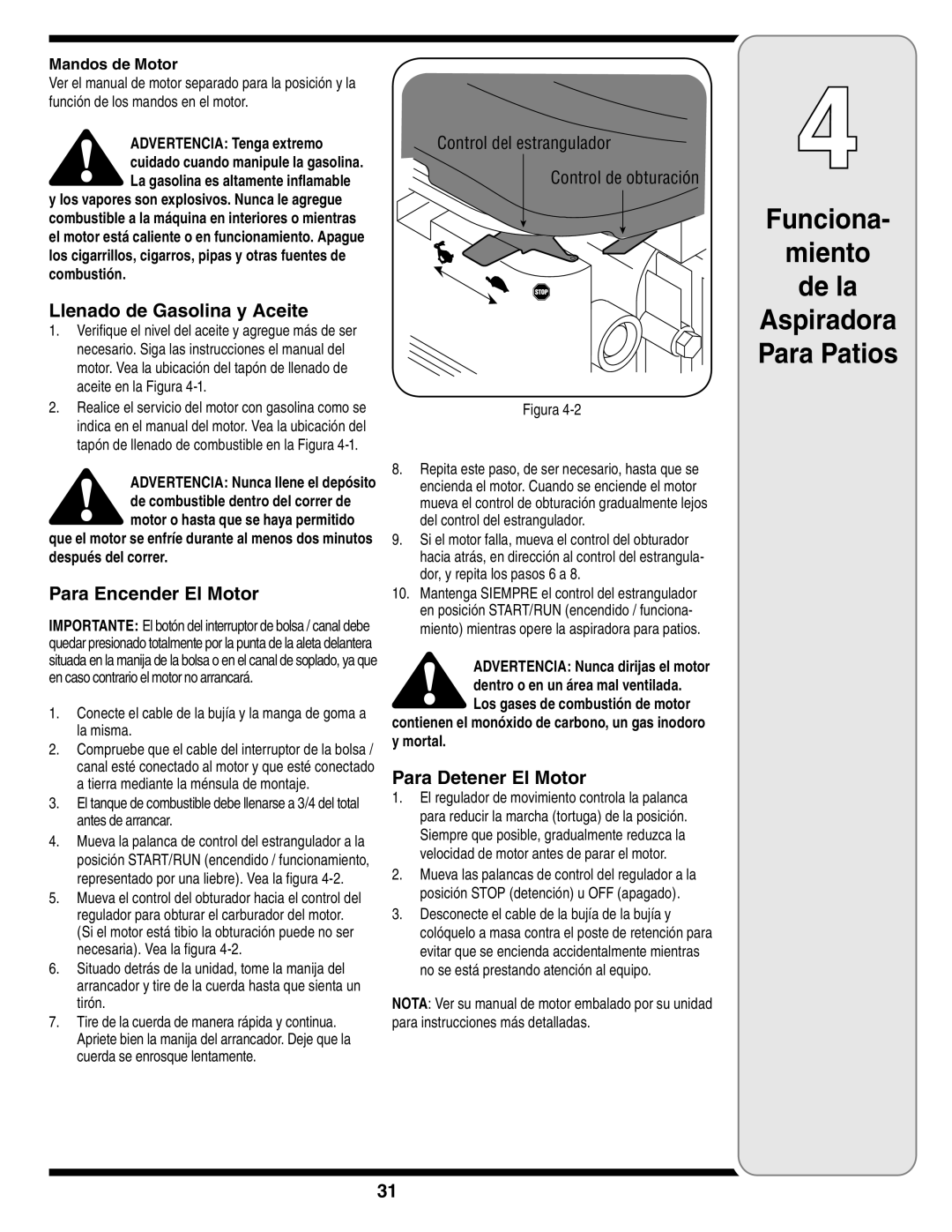 Cub Cadet 60 warranty Llenado de Gasolina y Aceite, Para Encender El Motor, Para Detener El Motor, Mandos de Motor 