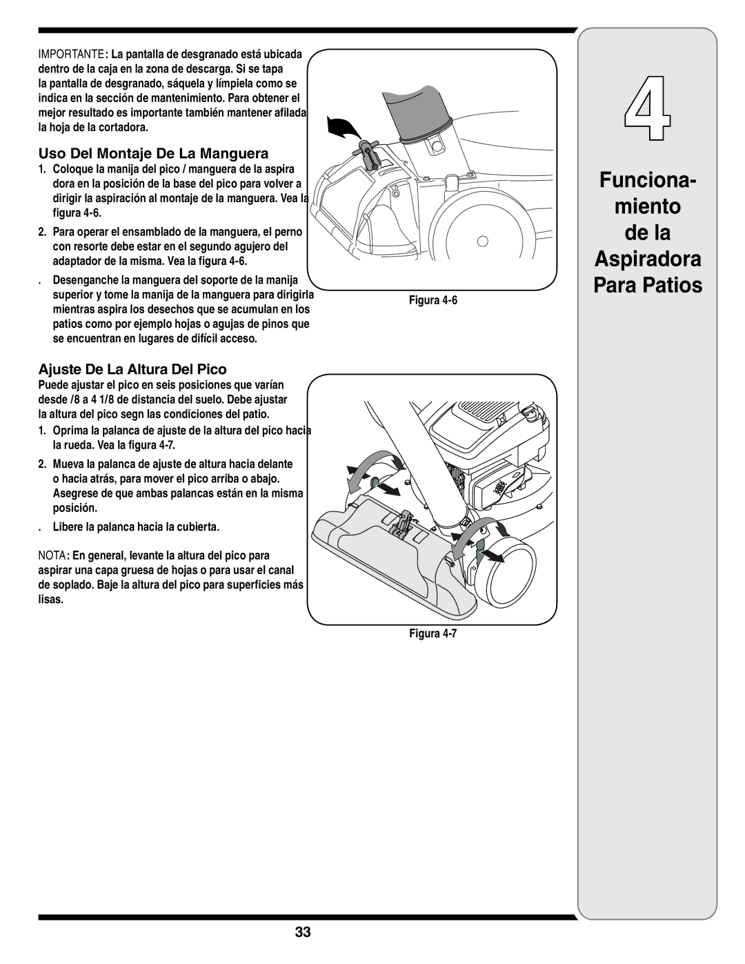 Cub Cadet 60 warranty Uso Del Montaje De La Manguera, Ajuste De La Altura Del Pico 