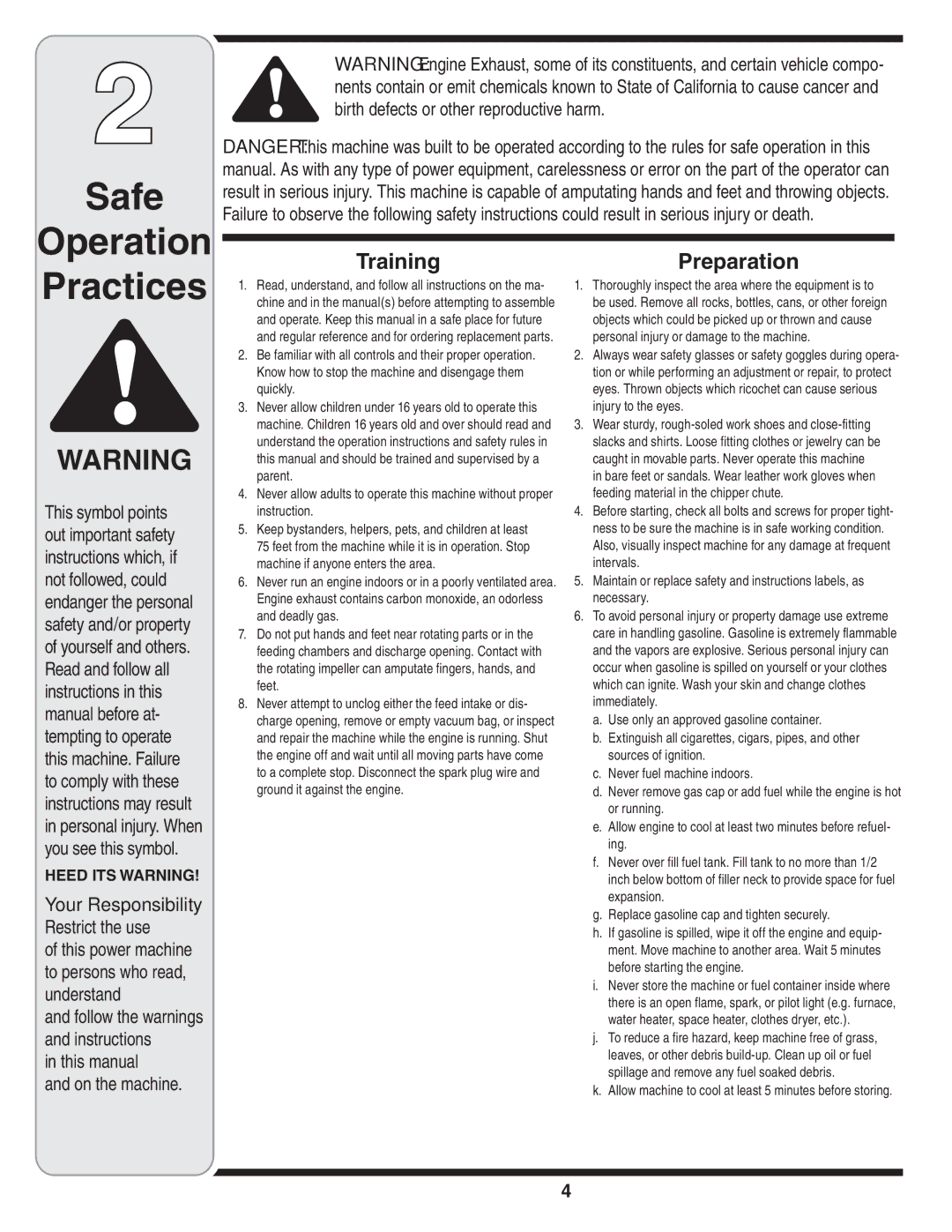 Cub Cadet 60 warranty Practices, Your Responsibility Restrict the use 