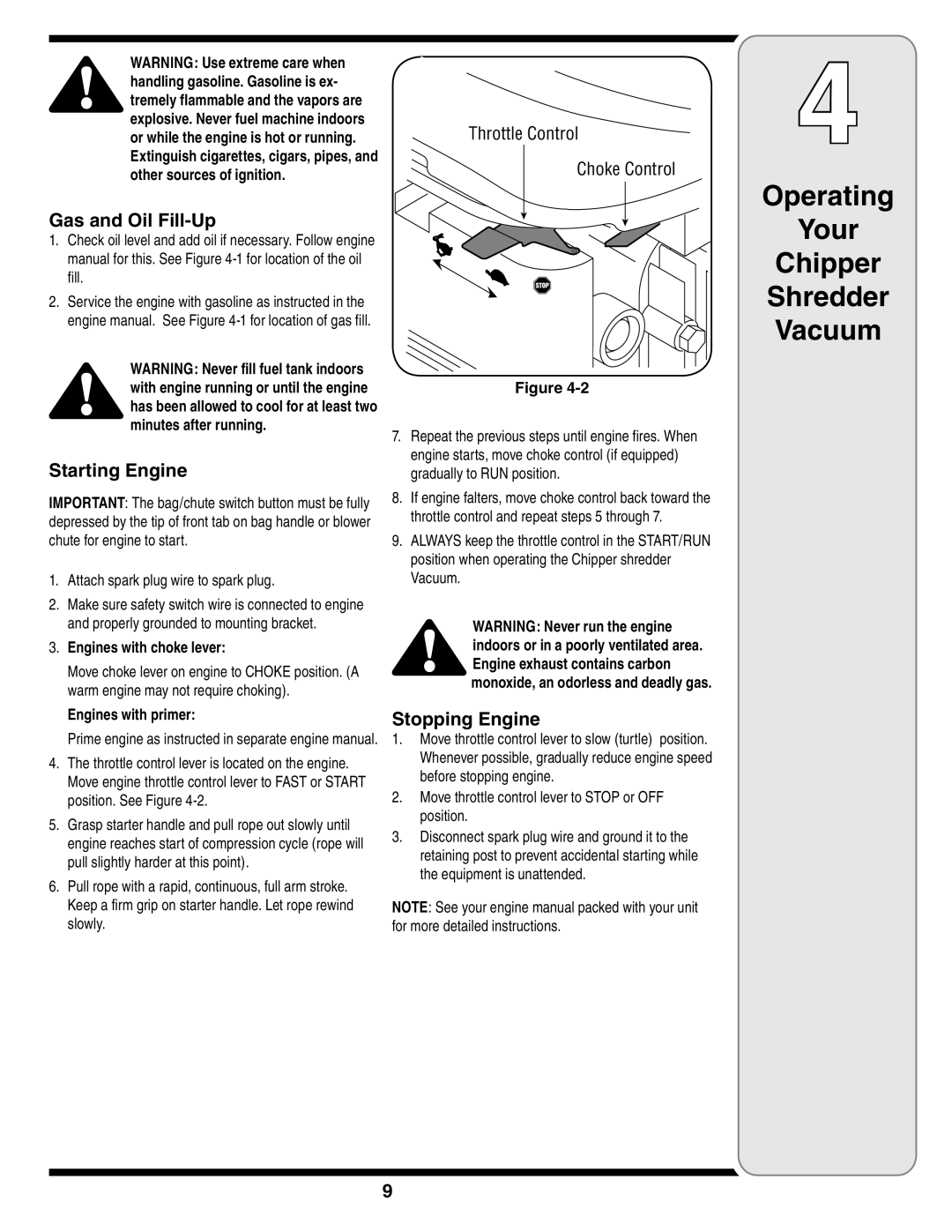 Cub Cadet 60 warranty Operating Your Chipper Shredder Vacuum, Gas and Oil Fill-Up, Starting Engine, Stopping Engine 