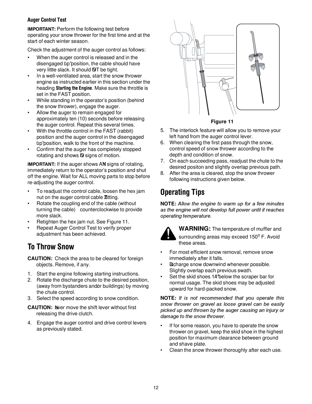 Cub Cadet 600 manual To Throw Snow, Operating Tips 