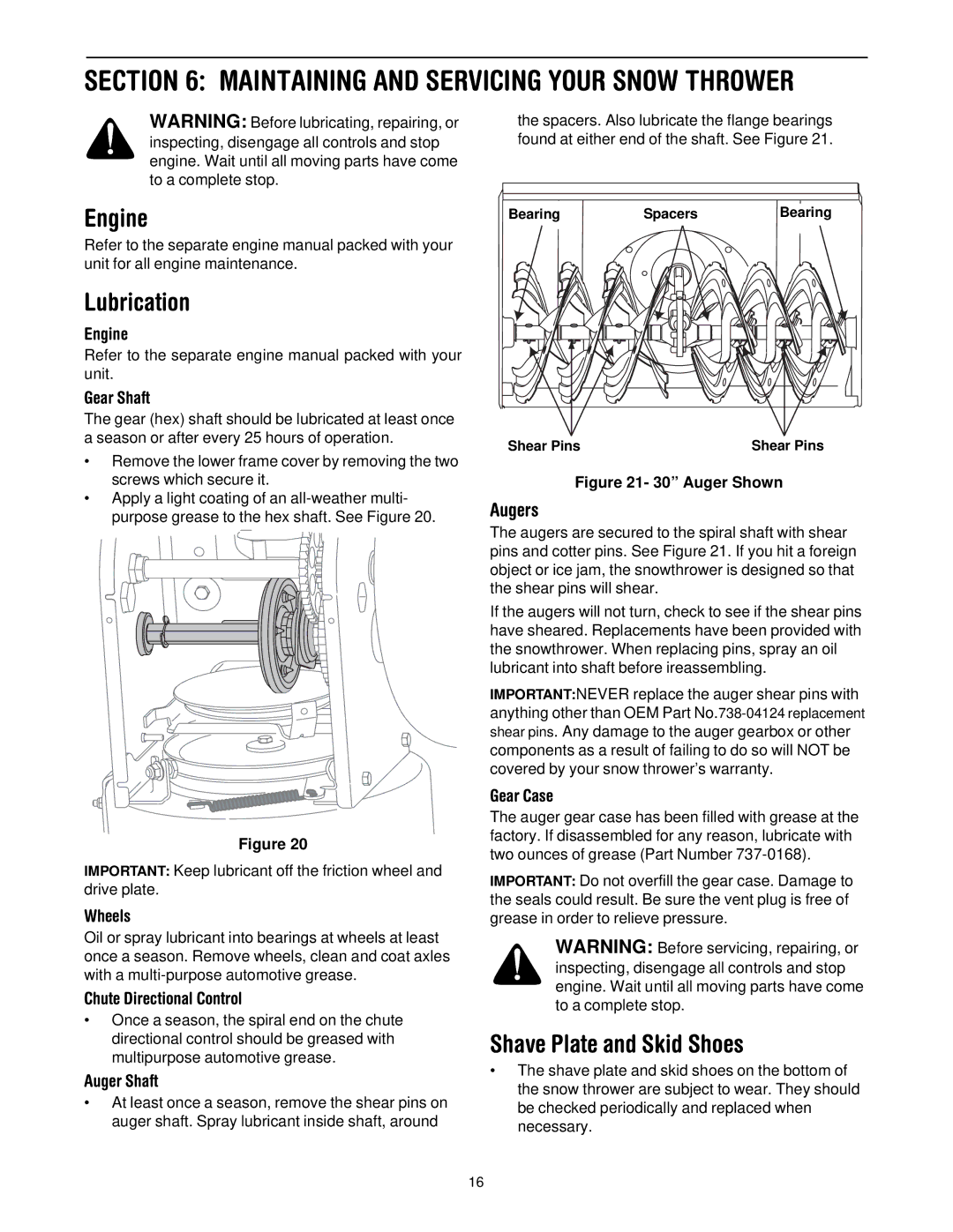 Cub Cadet 600 manual Engine, Lubrication, Shave Plate and Skid Shoes, Augers 