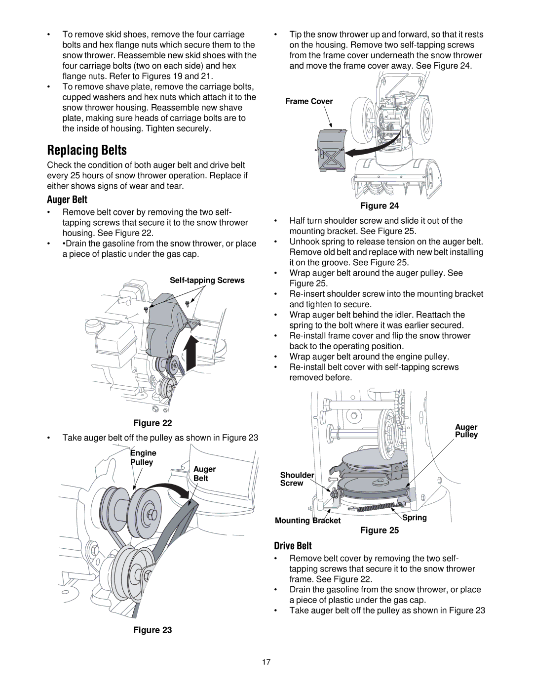 Cub Cadet 600 manual Replacing Belts, Auger Belt, Drive Belt 