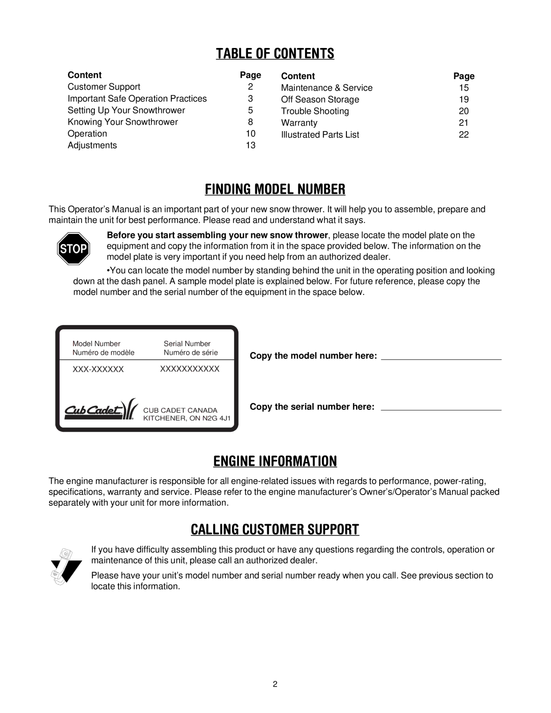 Cub Cadet 600 manual Table of Contents 