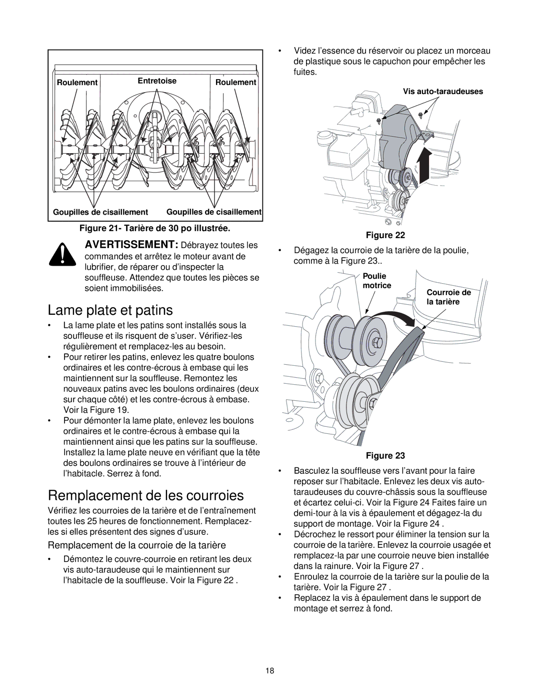 Cub Cadet 600 manual Courroies les de Remplacement, Patins et plate Lame, Illustrée po 30 de Tarière -21 Figure 