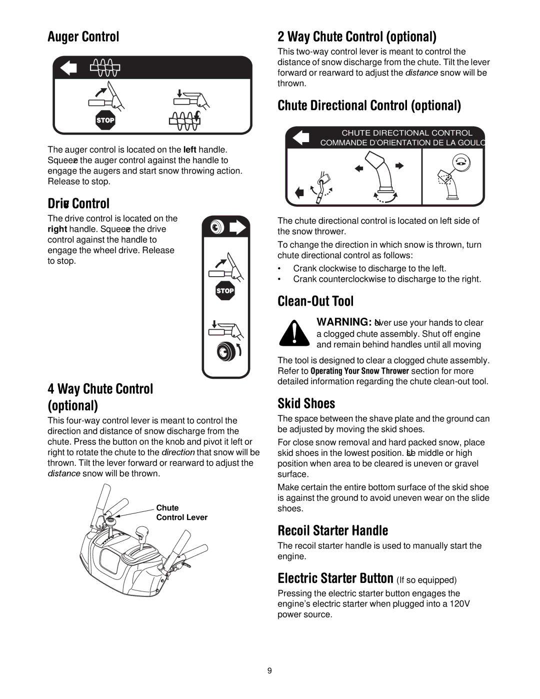 Cub Cadet 600 Auger Control, Way Chute Control optional, Chute Directional Control optional, Drive Control, Clean-Out Tool 