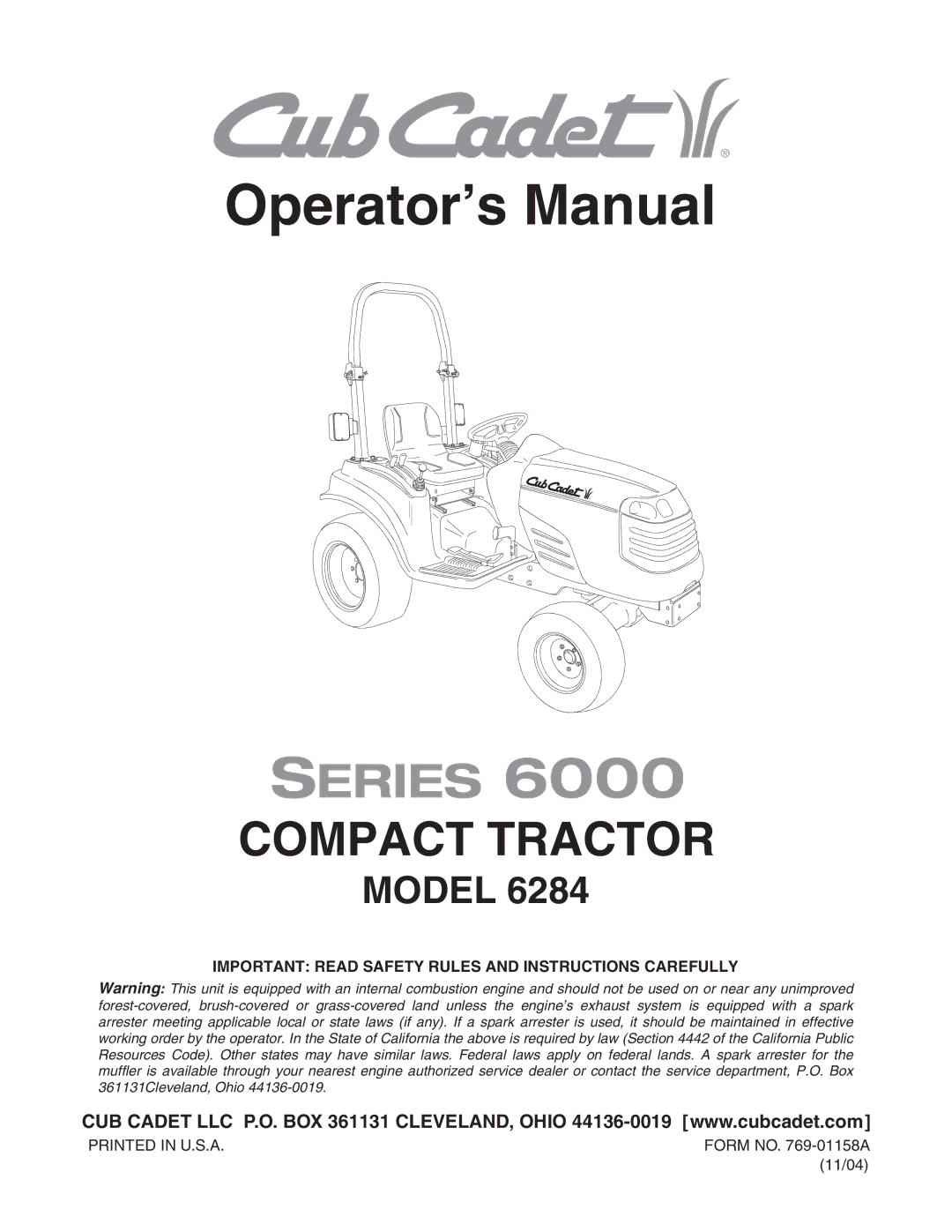 Cub Cadet 6284 manual Operator’s Manual, Important Read Safety Rules and Instructions Carefully 