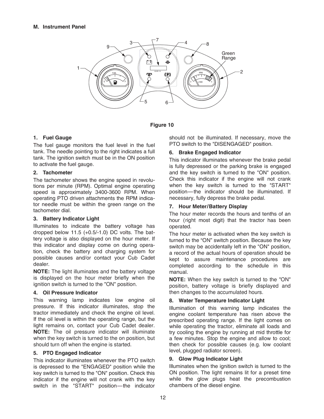 Cub Cadet 6284 manual Instrument Panel, Fuel Gauge, Tachometer, Battery Indicator Light, Oil Pressure Indicator 