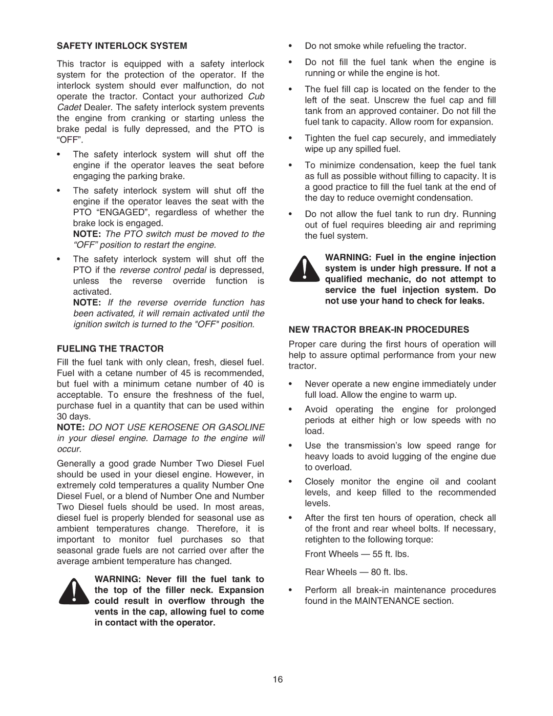 Cub Cadet 6284 manual Safety Interlock System, Fueling the Tractor, NEW Tractor BREAK-IN Procedures 