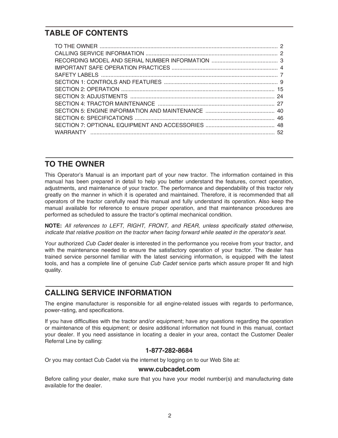 Cub Cadet 6284 manual Table of Contents, To the Owner, Calling Service Information 