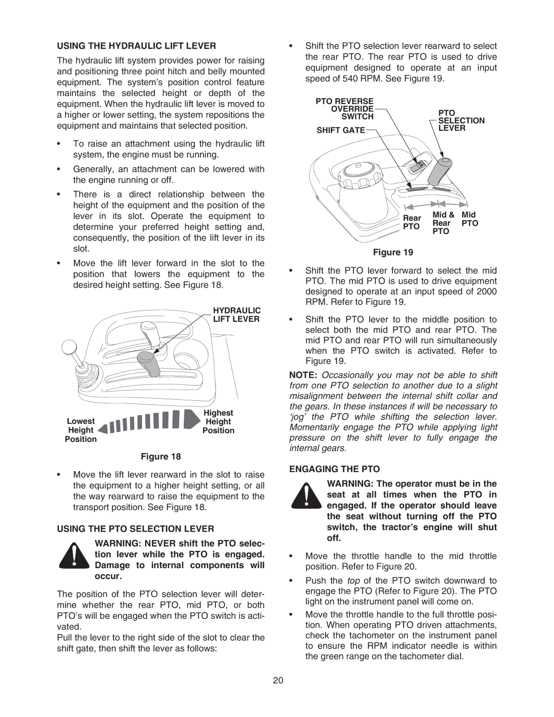 Cub Cadet 6284 manual Using the Hydraulic Lift Lever, Using the PTO Selection Lever, Engaging the PTO 