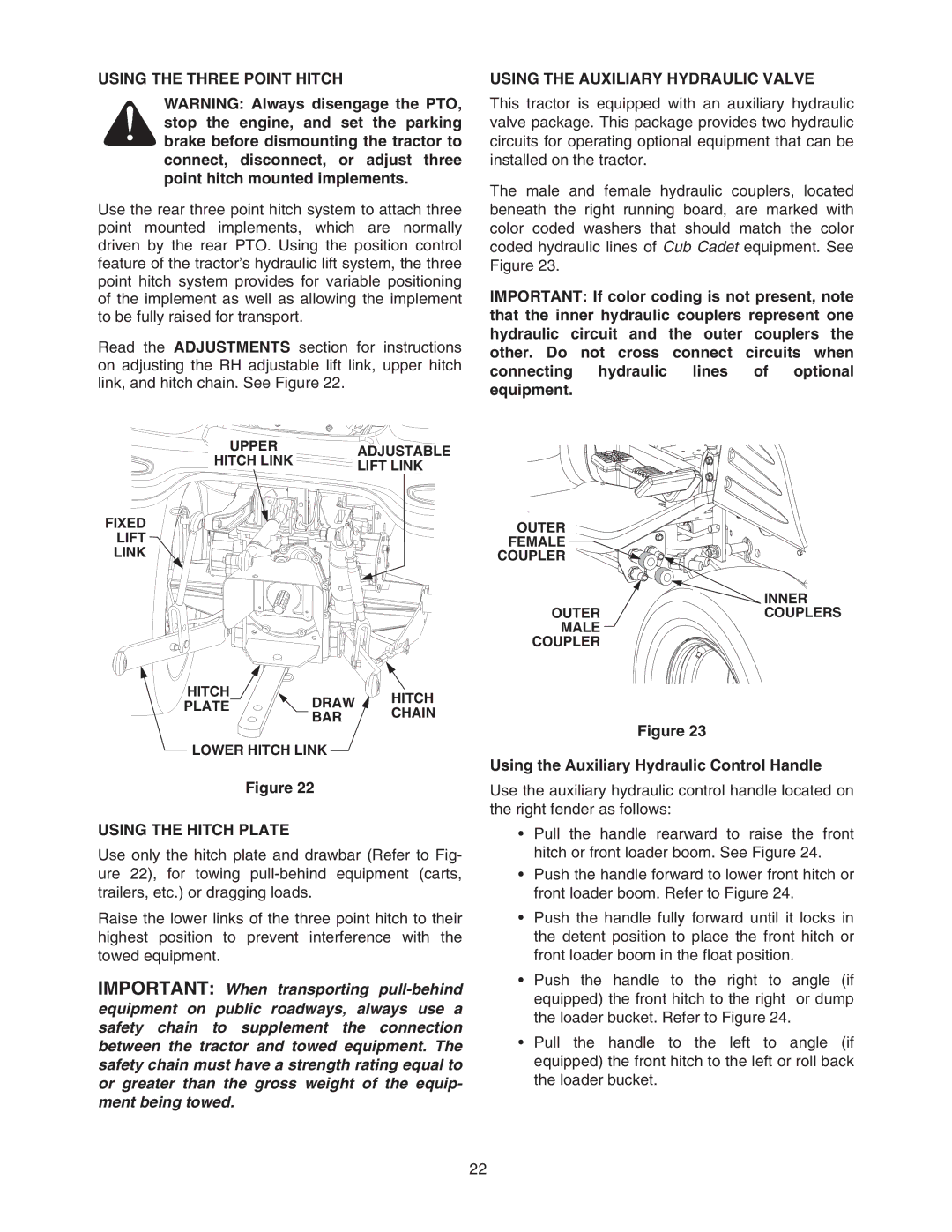 Cub Cadet 6284 manual Using the Three Point Hitch, Using the Auxiliary Hydraulic Valve, Using the Hitch Plate 