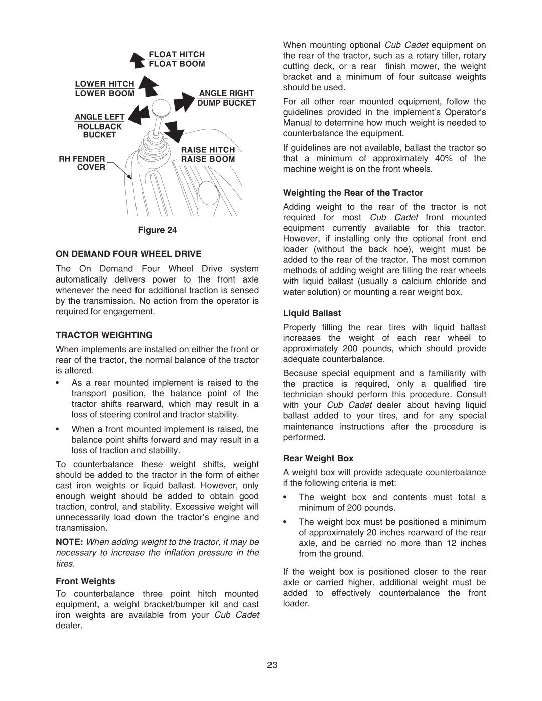 Cub Cadet 6284 manual On Demand Four Wheel Drive, Tractor Weighting 